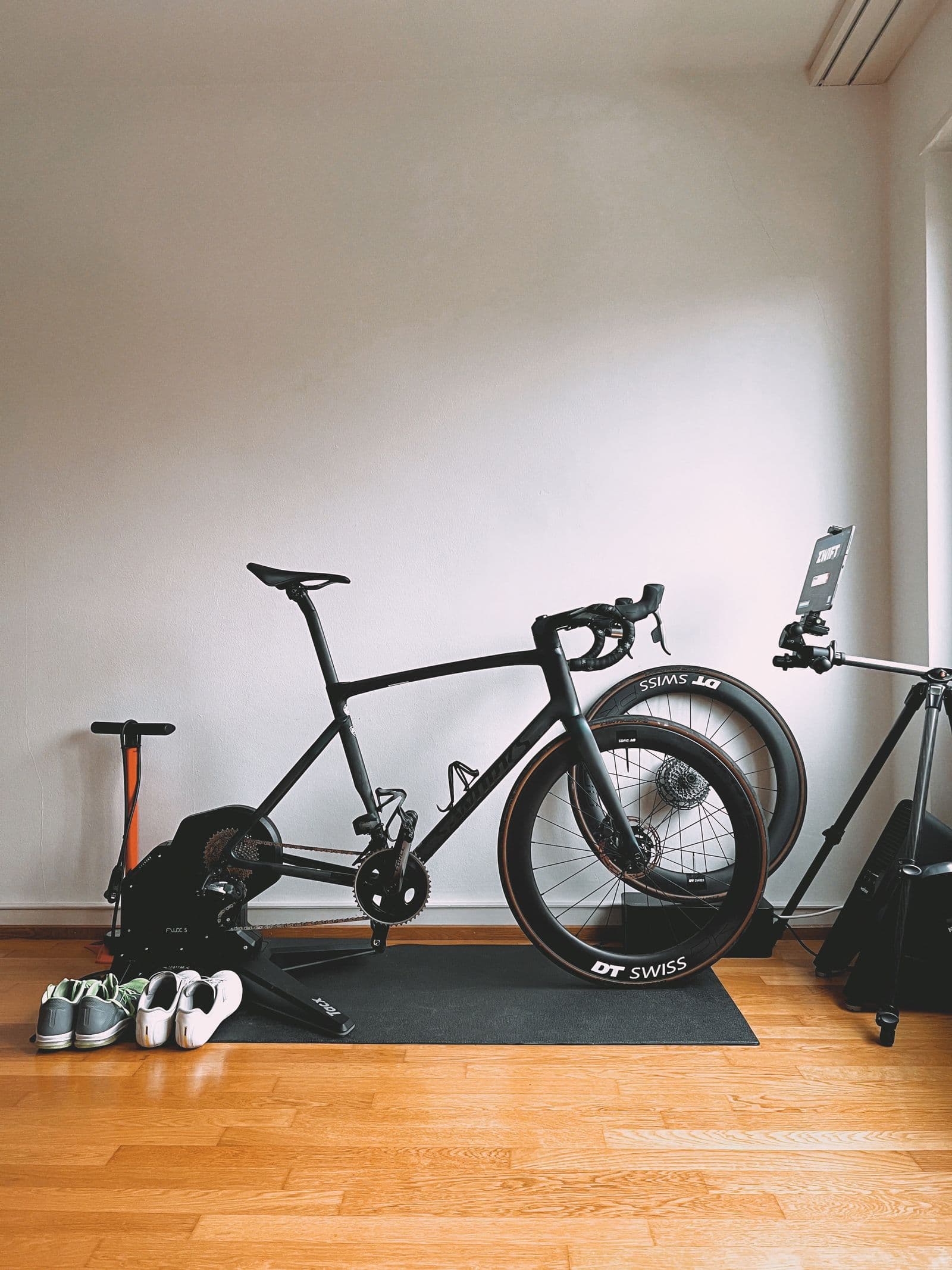 Road bike mounted on an indoor trainer