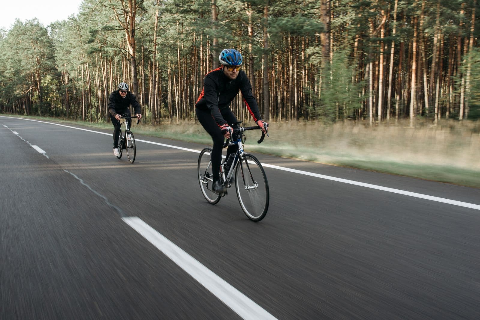 Two cyclists on an easy ride along a forest road