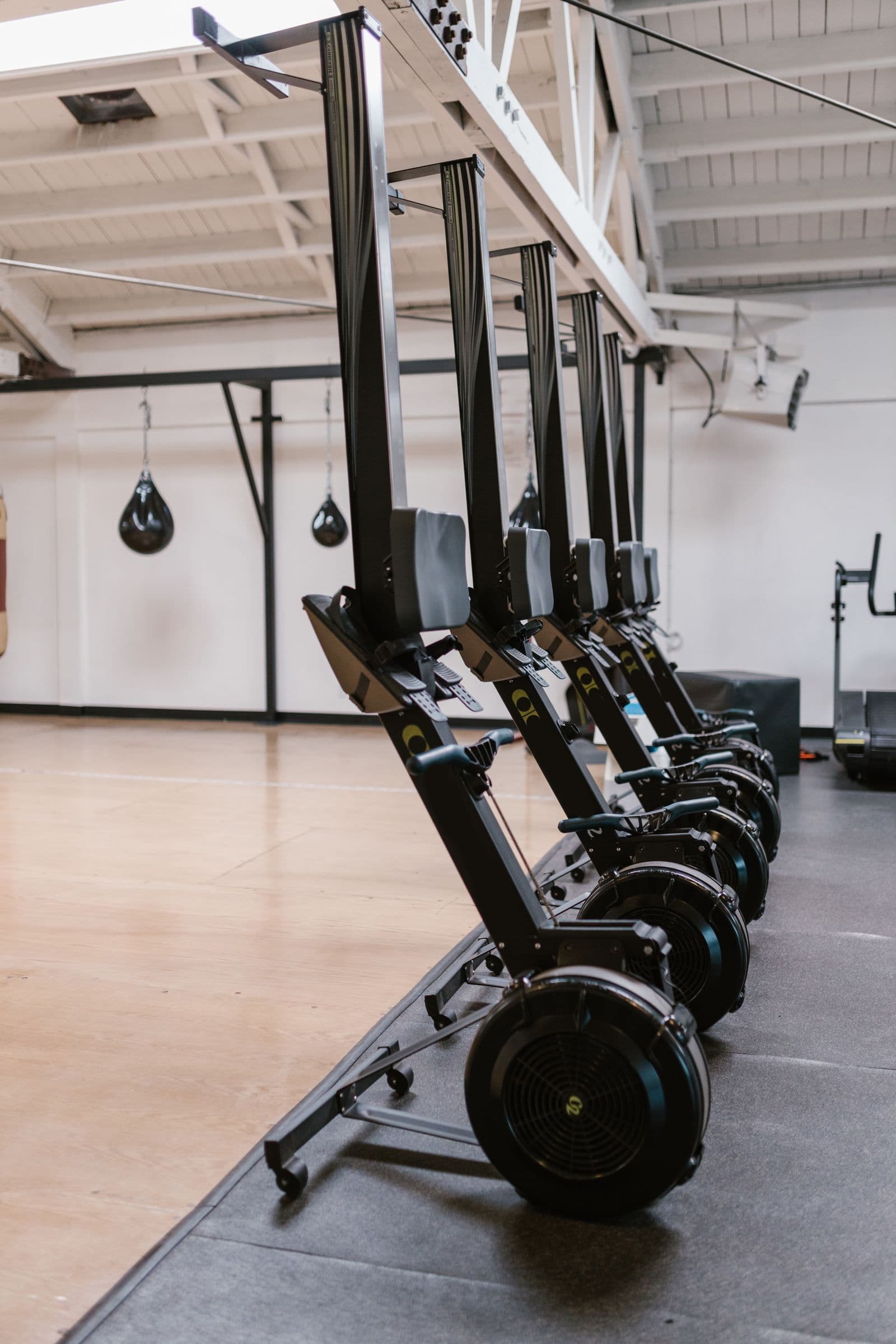 Row of rowing machines in a training gym