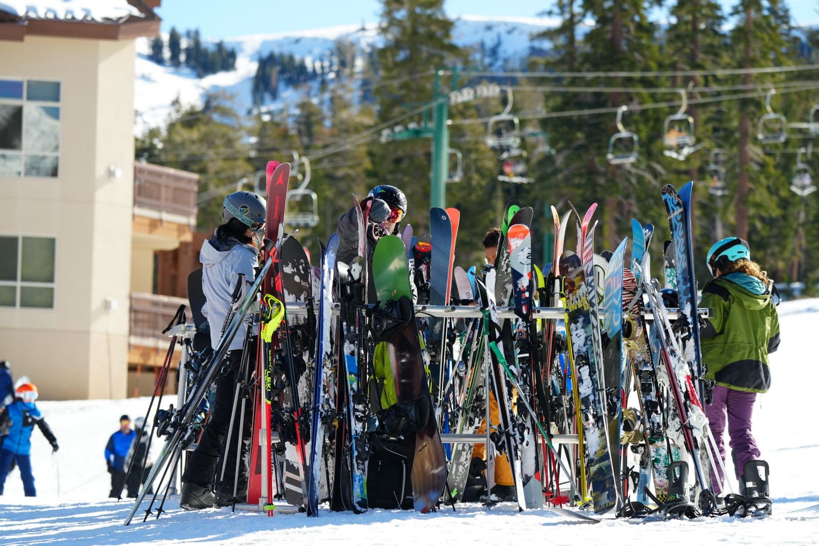 Busy base area at a snowy ski resort