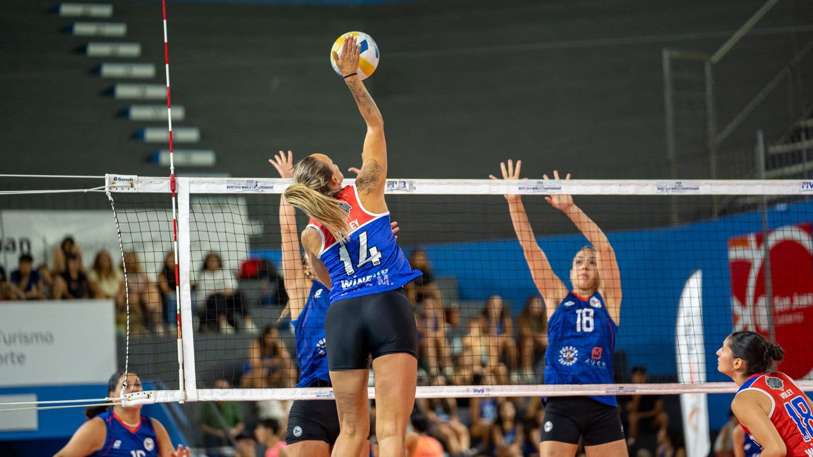 Young players mid-rally in an indoor volleyball match